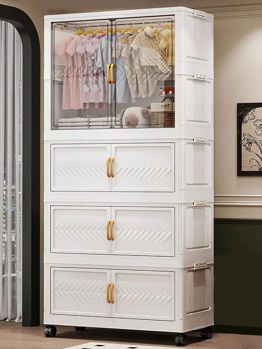 1pc Foldable Portable Wardrobe Organizer Rack, Independent Plastic Wardrobe Storage Box, Clothing Cabinet Divider Storage Box, Foldable Portable Design, Bedroom Storage Rack, No Gold Pipe, Vertical Shelf, Decorative Furniture Storage Cabinet - Multicolor - View 1