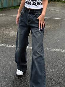 大码女式复古宽松直筒牛仔裤