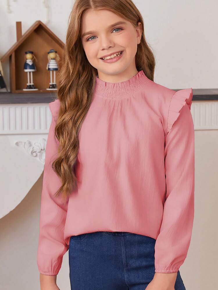 Blibean Blusa de Meninas Pré-Adolescentes com Gola Alta, Babado e Cor Sólida Folgada, Temporada de Volta às Aulas - Rosa chiclete - Visão 1