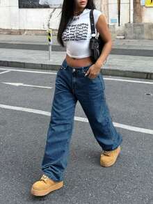 Women's Y2K Loose Straight Leg Jeans With Butterfly Embroidered Pockets Casual - Dark Wash - View 5