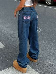 Women's Y2K Loose Straight Leg Jeans With Butterfly Embroidered Pockets Casual - Dark Wash - View 7