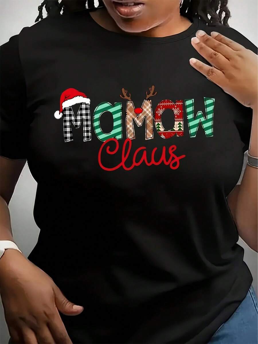Women Round Neck T Shirt Mamaw Claus Christmas Print Short Sleeve Holiday Family Matching Outfit For Women - màu đen - Xem 1