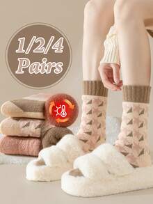 1/2/4 Pairs Women Plush Socks, Thick Mid-Calf Socks, Thermal Lined, Warm & Cozy For Winter
