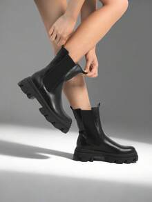 Women's Platform Chelsea Boots Lug Sole Combat Mid Calf Slip On Chunky Ankle Booties - 黑色/PU - 查看 5
