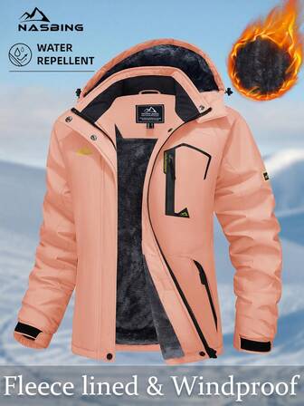 NASBING Chaqueta de esquí de invierno para mujer, resistente al agua, cortavientos, con forro térmico y capucha, ropa de invierno térmica, cortavientos para senderismo, esquí, camping y montañismo