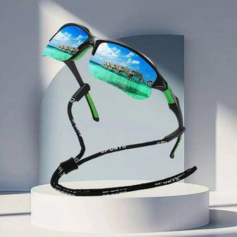 Gafas deportivas unisex de media montura, estilo vintage, con cadena, ideales para ciclismo, pesca y otras actividades al aire libre. Diseño clásico retro para montaña, montañismo y deportes de sol. Marca de lujo, de diseñador, perfectas para vacaciones en la playa tropical, con colores pastel veraniegos. Material brillante. Estética elegante para las vacaciones.