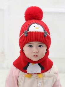 2pcs/Set Penguin Kids Thermal Lined Beanie Hat & Scarf Set, Warm Baby Winter Knit Cap - 1PC - View 4