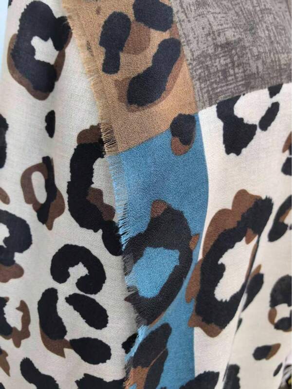 1pc Women's Colorblock Leopard Print Soft Tassel Casual Scarf, Headscarf, Travel Beach Shawl, Gift