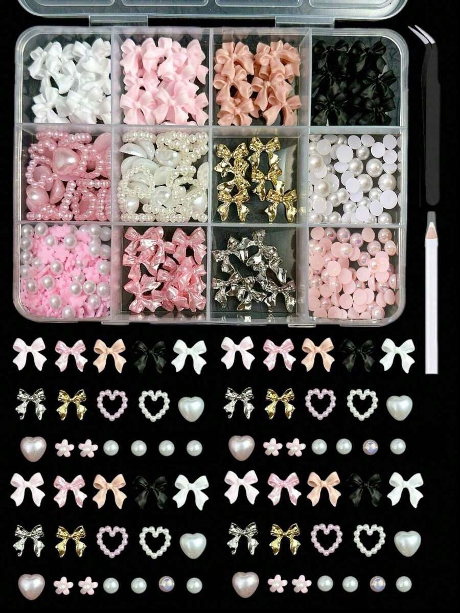 12格盒装混合树脂仿珍珠蝴蝶结、心形、迷你花卉装饰，适用于DIY美甲配件、多功能可爱美甲用品、美甲饰品、美甲宝石 - 彩色 - 查看 1