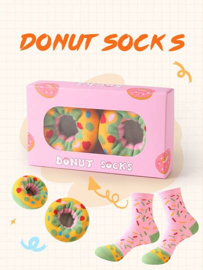 CREATOR SOCKS 1双装新奇多彩甜甜圈中筒袜礼盒装，2025秋冬新款男女通用运动袜，创意美食灵感设计，针织面料，加长加厚柔软舒适，是复活节、生日、感恩节、万圣节、圣诞节、狂欢节、情人节、家庭聚会、派对的完美礼物