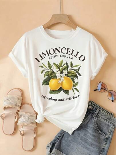 Camiseta de Talla Grande para Mujer con Estampado de Limón Limoncello - Cuello Redondo Holgado y Transpirable con Manga Corta y Gráfico "Limonada Brillante y Deliciosa", Camiseta Casual de Verano 100% Algodón