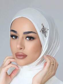 1pc Women's Convenient Button Tie Heavily Embellished Rhinestone Decorated Muslim Instant Hijab - Multicolor - View 11