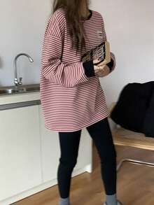 女士字母条纹印花落肩长袖休闲T恤 - 粉色 - 查看 4