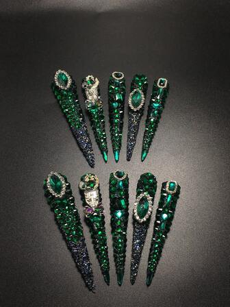 Each Set Includes 10 Pieces Of Y2K High-Heeled Handmade Acrylic Nails With A French Design Featuring Rhinestones And Bow Decorations, Available In Green Tones And Nude Shades. Three Sizes Are Available To Fit Various Needs, Suitable For Parties, Galas, And Daily Wear. A Nail Tool Kit Is Included, Making It The Perfect Press-On Nails (Worn Nails) Gift For Women And Girls.