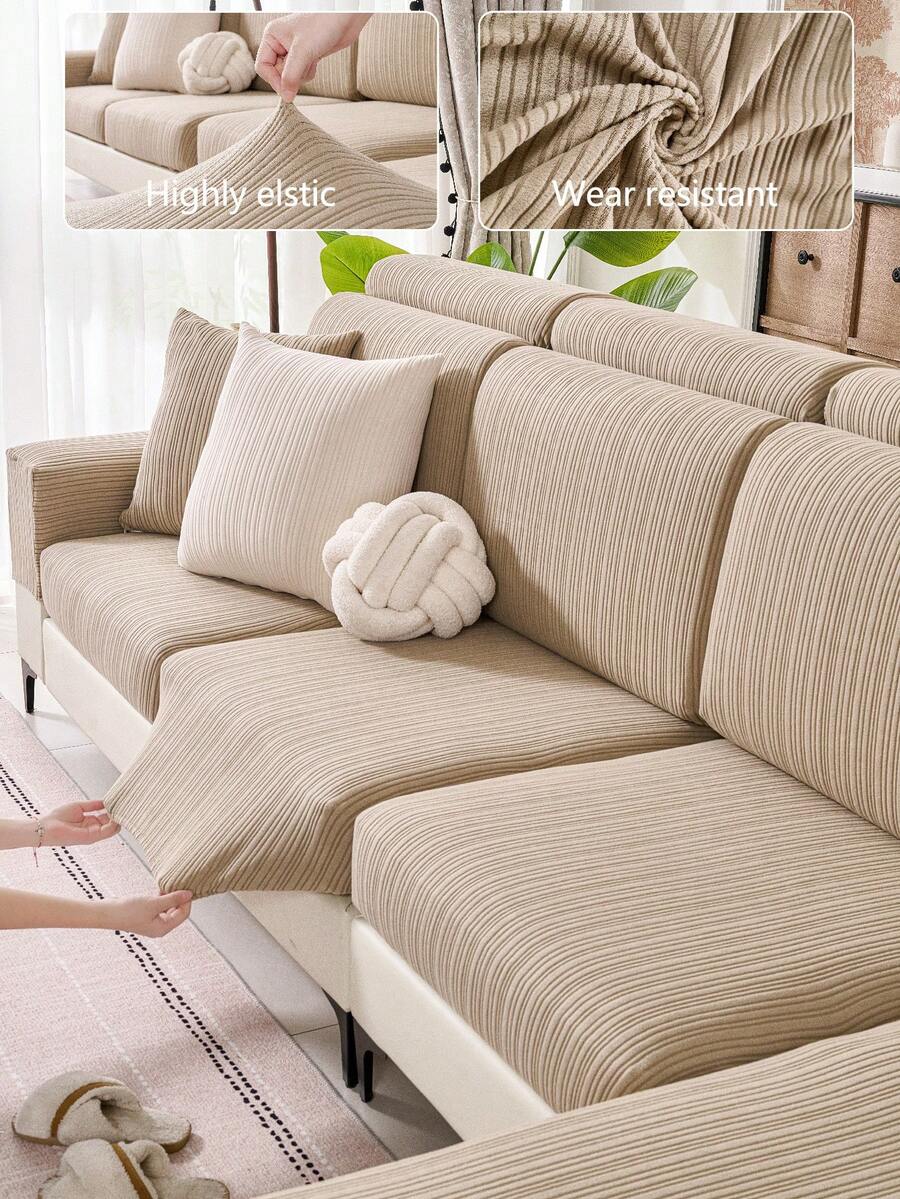 1pc Stretch Thickened Warm Sofa Cover, Non-Slip Full Coverage Sofa Seat Cover, Suitable For All Seasons, Fabric Sofa Slipcover, Machine Washable, Dust-Proof, Pet-Friendly, Decor For Bedroom, Office, Living Room, L-Shaped Sofa, 1/2/3/4 Seater - Màu Khaki - Xem 1