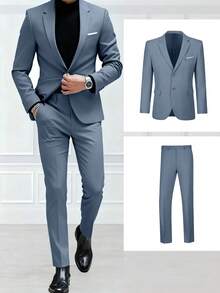Mens Slim Fit 2-Piece Suit Two Buttons Notched Lapel Solid Suit Jacket Pants Set Tuxedo For Prom Concert Graduation Season Size XS-3XL Men's Spring New Products Suit Sets For Wedding Concert  Graduation Season - 藍色 - 查看 4