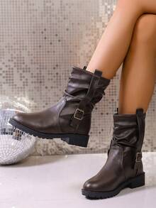 Western Style Buckle Holiday Round Toe Pleated Boots, Vintage Oversized British Style Fashion Versatile Chunky Heel Riding Boots For Women, Autumn/Winter - Brown - View 3