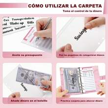 Organizador de Dinero A6, Organigastos Tipo Cartera Cuero con 12 Sobres Transparentes con Cierre, 12 Hojas de Planificador de Presupuesto de Finanzas, Libreta de Ahorro y Gastos con 3 Pegatinas, Rosa - Verde - Ver 9