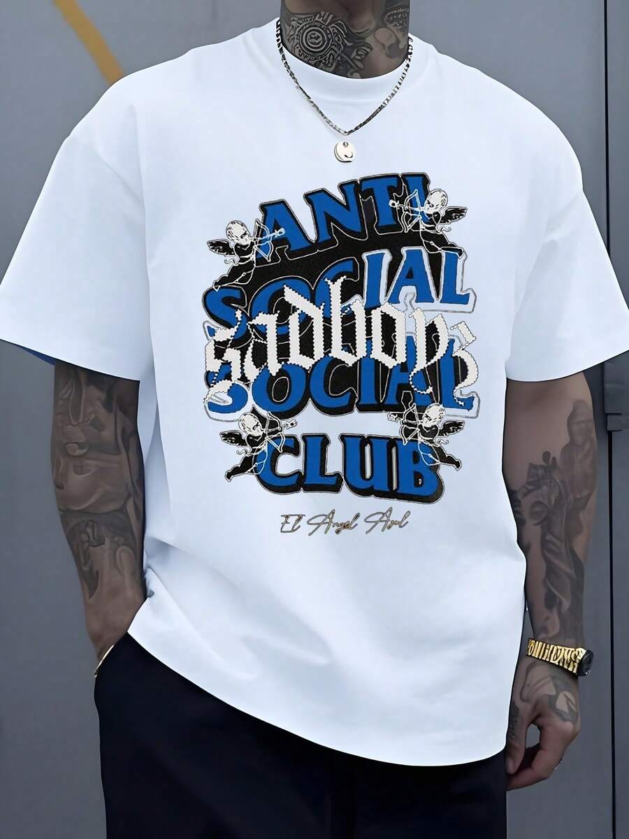Gothic And Bold 'Anti Social Sadboyz Social Club' Graphic With Winged Cherubs Symbolizes Belonging In Alternative Cultures Men T Shirt 100% Cotton - 白色 - 查看 1