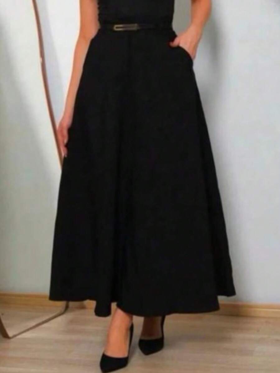Women's Long, Full Skirt, Tailored, High Waist, Zipper, Buttons, With Flap, Formal Style, With Side Pockets And Belt - 黑色 - 查看 1
