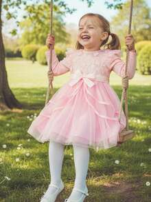 Toddler Dress Girls Ruffle Long Sleeve Layered Tulle Dress Fall Spring Fashion Party Dresses 3-10T, Kids Holiday Birthday Wedding Outfit - Hồng - Xem 5
