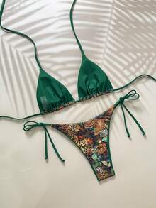 Set de 2 piezas Bikini con tirantes de espagueti con estampado de leopardo sexy, adecuado para vacaciones en la playa y uso en Halloween, verano 2025 - Estampado de leopardo verde - Ver 3