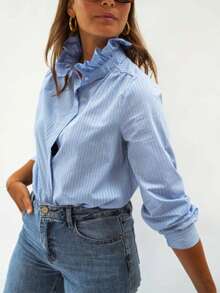 Women's Fashionable Striped Woven Shirt, Ruffle Collar, Long Sleeves, Button Front Regular Length Blouse Spring - Blue - View 6