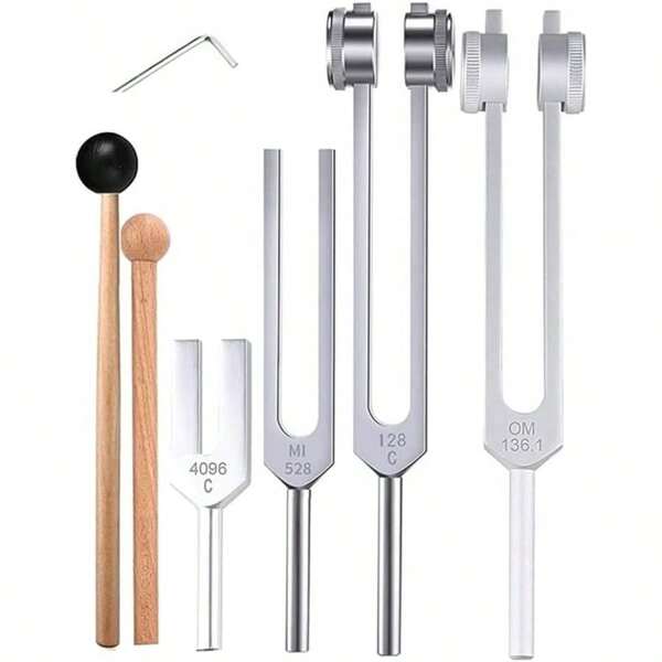 Tuning Forks Healing Set 128Hz, 136.1Hz, MI 528Hz, 4096Hz Weighted Unweighted Tuning Forks With Rubber Mallet, Chakra Sound Instruments With A Bag