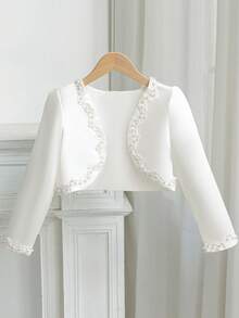 Mädchen Weiße Formaljacke, Langarm Perlenstrickjacke für Bühnenauftritte, Hochzeiten, Geburtstagsfeiern, Herbst, passend zu Prinzessinnenkleid - Weiss - Übersicht 2