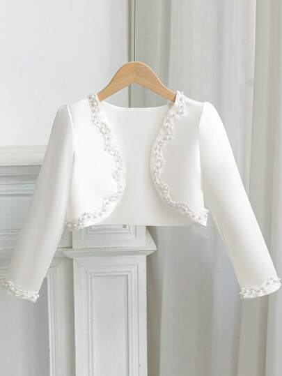 Girls' White Formal Jacket, Long Sleeve Beaded Cardigan For Stage Performance, Wedding, Birthday Party, Autumn, Pair With Princess Dress