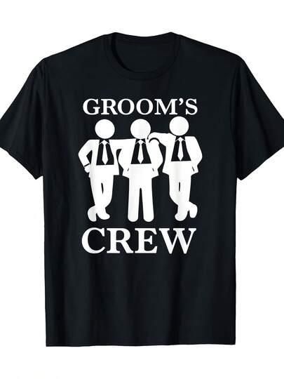 Camiseta para Hombre "Groom'S Crew" - Negra con Impresión de Silueta Blanca y Texto en Negrita, Cuello Redondo Pesado, Lavable a Máquina, Ajuste Cómodo para Todas las Estaciones para Bodas, Despedidas de Soltero, Gimnasio y Ropa Casual - Regalo para Novios, Atuendo de Invitado de Boda, Diseño Juguetón, Tela Duradera