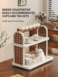 White Double-Layer Antique-Style Cup And Tea Rack, Suitable For Bedroom Cosmetics Storage Rack, Desktop Storage Rack, Kitchen Cup Holder, Water Cup And Tea Cup Holder, Kitchen Cup Storage Rack, Cup Holder, Drain Rack, Coffee Rack. - 白色 - 查看 5