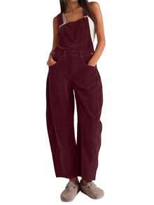 Corduroy Women's Overalls Barrel Wide Leg Bib Corduroy Women's Pants Adjustable Jumpsuit With Pockets Jumpsuit - 酒紅色 - 查看 1