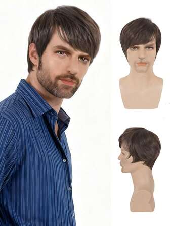 5-Inch European And American Men's Fashionable And Elegant Side-Swept Bangs Synthetic Fiber Head Cover, European And American Wig Men's Wig Short Hair Mechanism Synthetic Fiber Head Cover, Real Black Short Hair Side-Swept Bangs Mechanism Head Cover Wig Men, Wig, Wig Head Cover, Men's Wig.