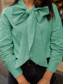 Womens Work Blouse Bow Tied Neck Button Down Long Sleeve Casual Dressy Shirts Tops - 綠色 - 查看 3