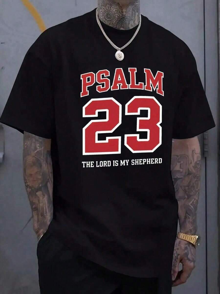Christian Pattern T-Shirt - Psalm 23: The Lord Is My Shepherd Bible Verse T-Shirt - Red Digital Decoration Religious Clothing - Lightweight Summer T-Shirt Suitable For Church And Casual Wear - Eye-Catching Contrast Design Machine Washable - 黑色 - 查看 1