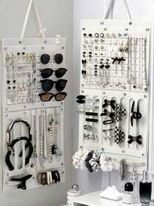 1 件毛毡悬挂式珠宝收纳盒、耳环收纳挂袋、发饰发夹收纳袋、壁挂式珠宝展示架、项链戒指耳环收纳袋、衣架、墙面装饰、学校用品、珠宝收纳盒、简易多功能毛毡珠宝展示盒，适合圣诞节、返校节礼物 - 白色 - 查看 9