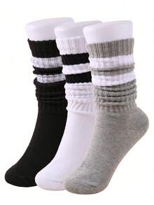 1/3 Perechi Șosete Tricotate Lejere pentru Femei, Cu Dungi, Toamnă și Iarnă, Șosete Lejere cu Dungi, Șosete Scrunch, Șosete Scrunchie, Șosete Crew, Moi, Confortabile, Calde și Respirabile, La Modă, Negru, Alb, Gri, Cadouri Perfecte pentru Drumeții, Înapoi la școală, Halloween și Crăciun