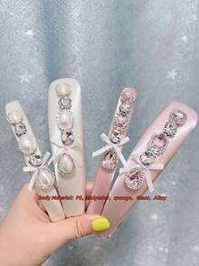 1/2pcs Glittery Geometric Bow Pattern Elegant Court Style Luxury Crystal Satin Foam Bow Crystal Hair Band Hair Accessories Romantic Sweet Girl High Crown Hair Hoop Polyester Fiber Headbands Hairband ,Head Piece Head Accessories