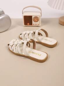 儿童时尚休闲户外舒适防滑耐穿平底拖鞋,儿童室内拖鞋,儿童沙滩度假人字拖 - 米色 - 查看 4