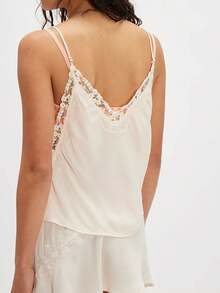 Womens Y2K Satin Side Tie Tank Tops Flower Embroidery Lace Trim Bohemia Cami Adjustable Spaghetti Strap Camisole Sleeveless V Neck Going Out Tops - 白色 - 查看 4