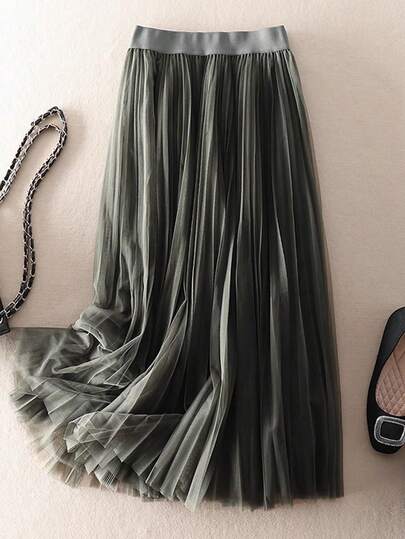 LuminousWealth Women's Elegant Pleated Mesh A-Line Skirt, Suitable For Casual Or Office Wear, Minimalist & Graceful | Polyester Mesh Skirt, Suitable For All Seasons, Great For Christmas & New Year