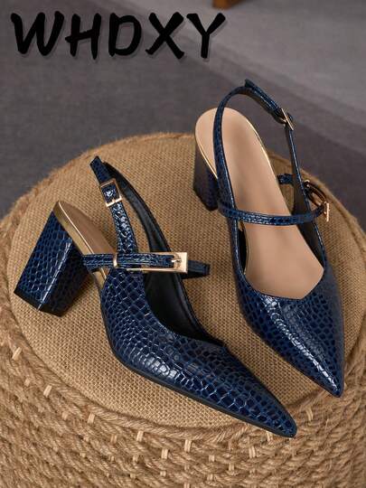 WHDXY Classic Navy Blue Crocodile Embossed Chunky Heel Pointed Toe High Heels, Women's Shoes With Lace-Up Design, Versatile For Daily Wear & Workplace