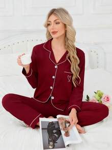 女士长袖上衣和裤子两件套睡衣套装，休闲宽松爱心印花家居服，适合室内外穿着，秋冬季服装 - 酒紅色 - 查看 3