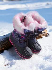 Boys And Girls Winter Snow Boots, Water-Resistant Mid Calf Boots With Anti-Slip Sole, Insulated & Cozy Faux Fur Lining For Little And Big Kids - 藏蓝色 - 查看 3