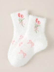 1/5 Paar Mädchen Herbst/Winter Neue Weiße Nerz Samt Socken, verziert mit süßer Tulpen Blumen & Schleife Deko, modischer College Stil, weich & bequem Knöchel/Crew Socken, geeignet für Herbst/Winter Outfits, Studentenalltag, Lässig, Reisen, Feiertage & Geschenke