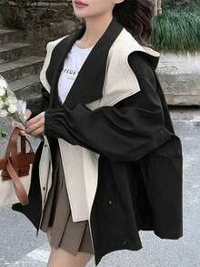 时尚女士梭织长袖外套，带领子、拉链和口袋，常规长度设计，秋冬黑色春季款 - 黑色 - 查看 6