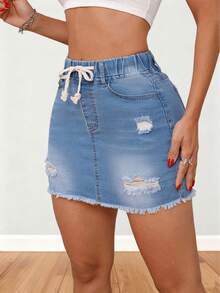 Women's Mid-Waist Solid Color Ripped Drawstring Denim Mini Skirt - Casual & Elegant Homewear - Medium Wash - View 5