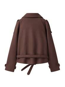 Chaqueta corta elegante y casual de unicolor oscuro con doble botonadura y solapa para mujer, adecuada para uso diario, oficina, ocio en casa, vuelta al colegio y otras ocasiones - Marrón - Ver 8