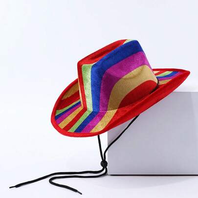 Carnival Rainbow Cowgirl Hat For Women Men Wide Brim Western Cap With Windproof Rope